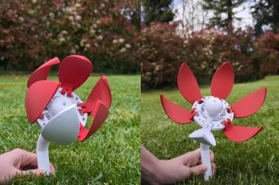 Prototype 1 — fleur rouge en PLA, ouverte et fermée