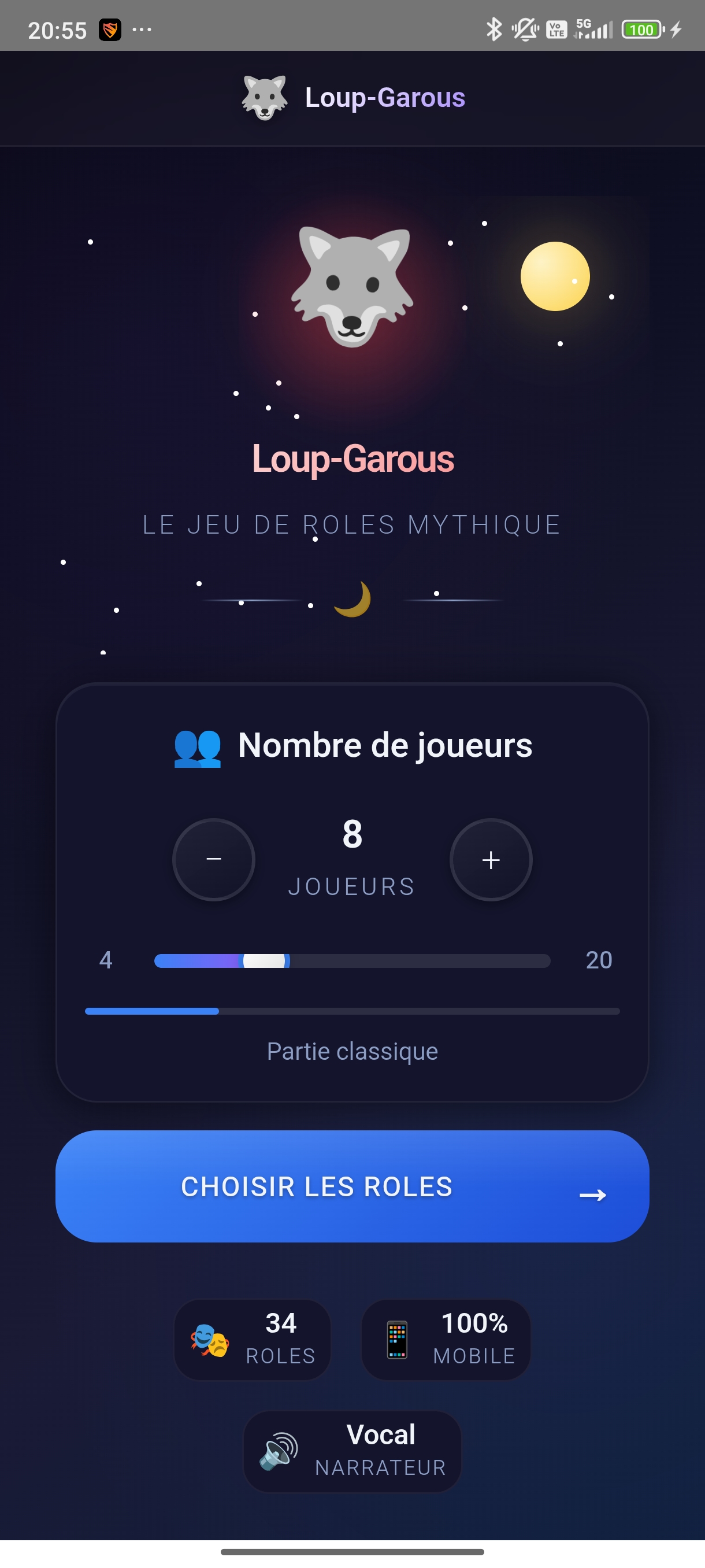 Écran d&rsquo;accueil avec sélection du nombre de joueurs