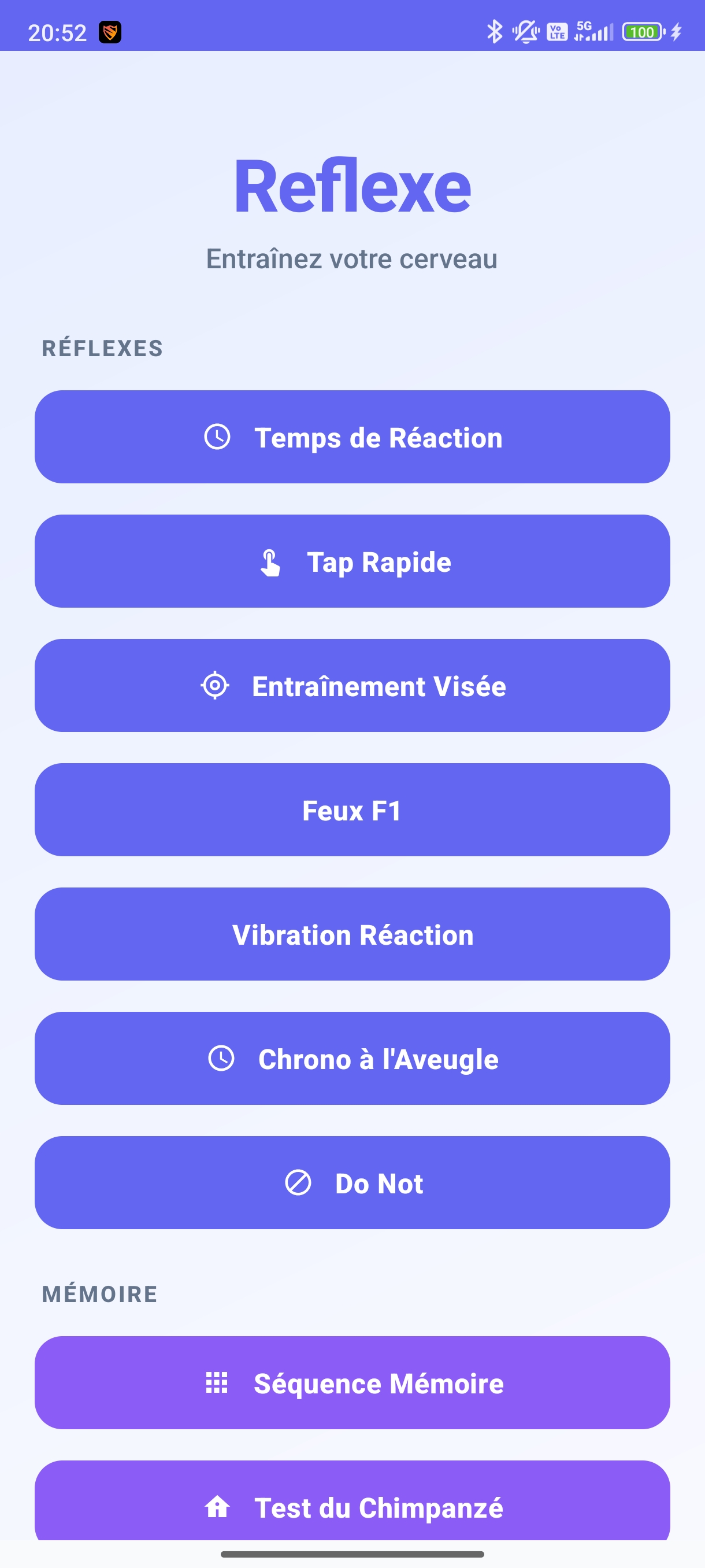 Menu principal de l&rsquo;application Reflexe
