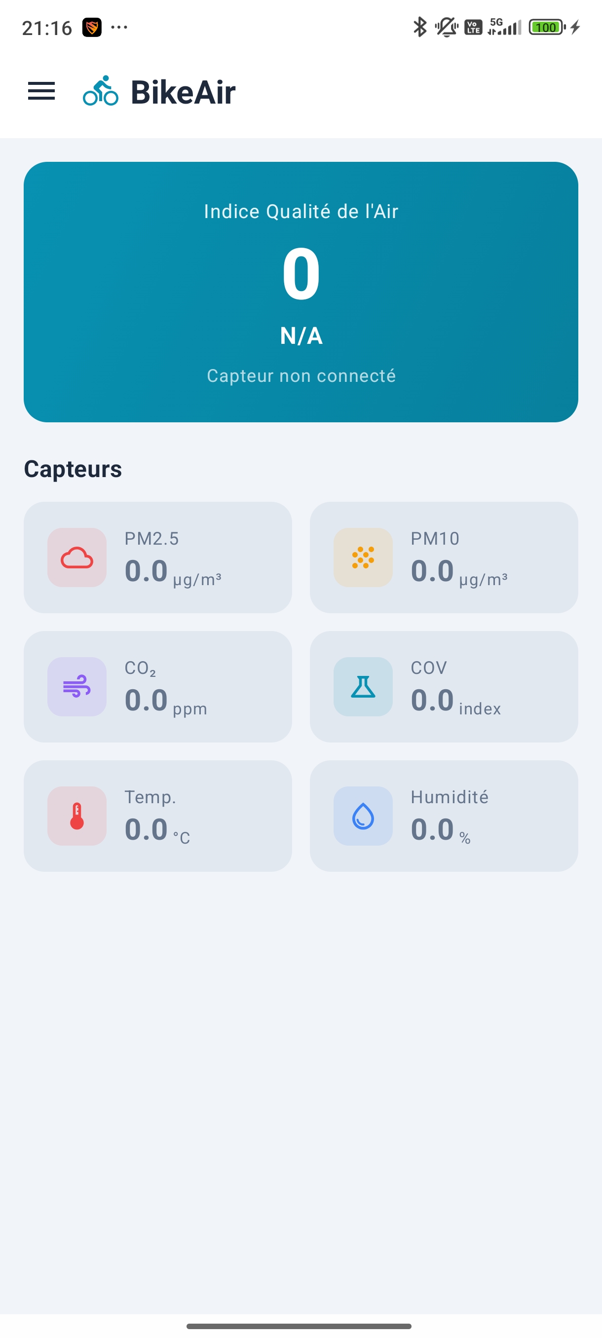 Tableau de bord BikeAir — IQA et 6 capteurs en direct