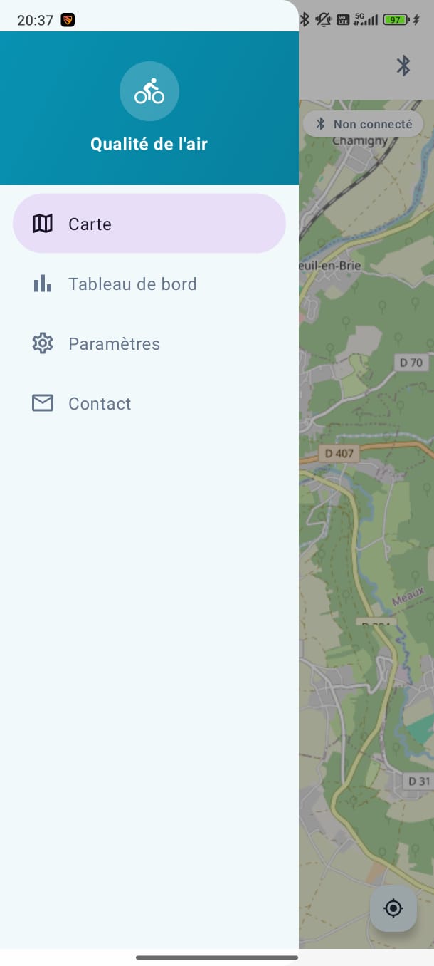 Menu de navigation de l&rsquo;application BikeAir